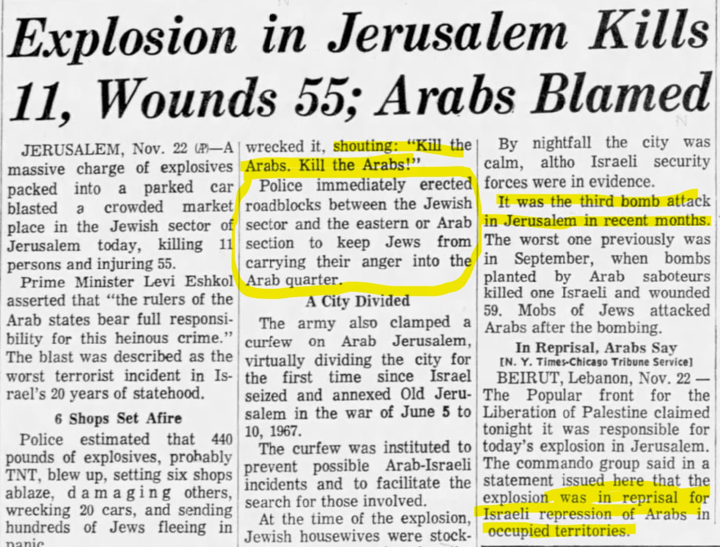 Jerusalem attacks 1968.. Chicago Tribune